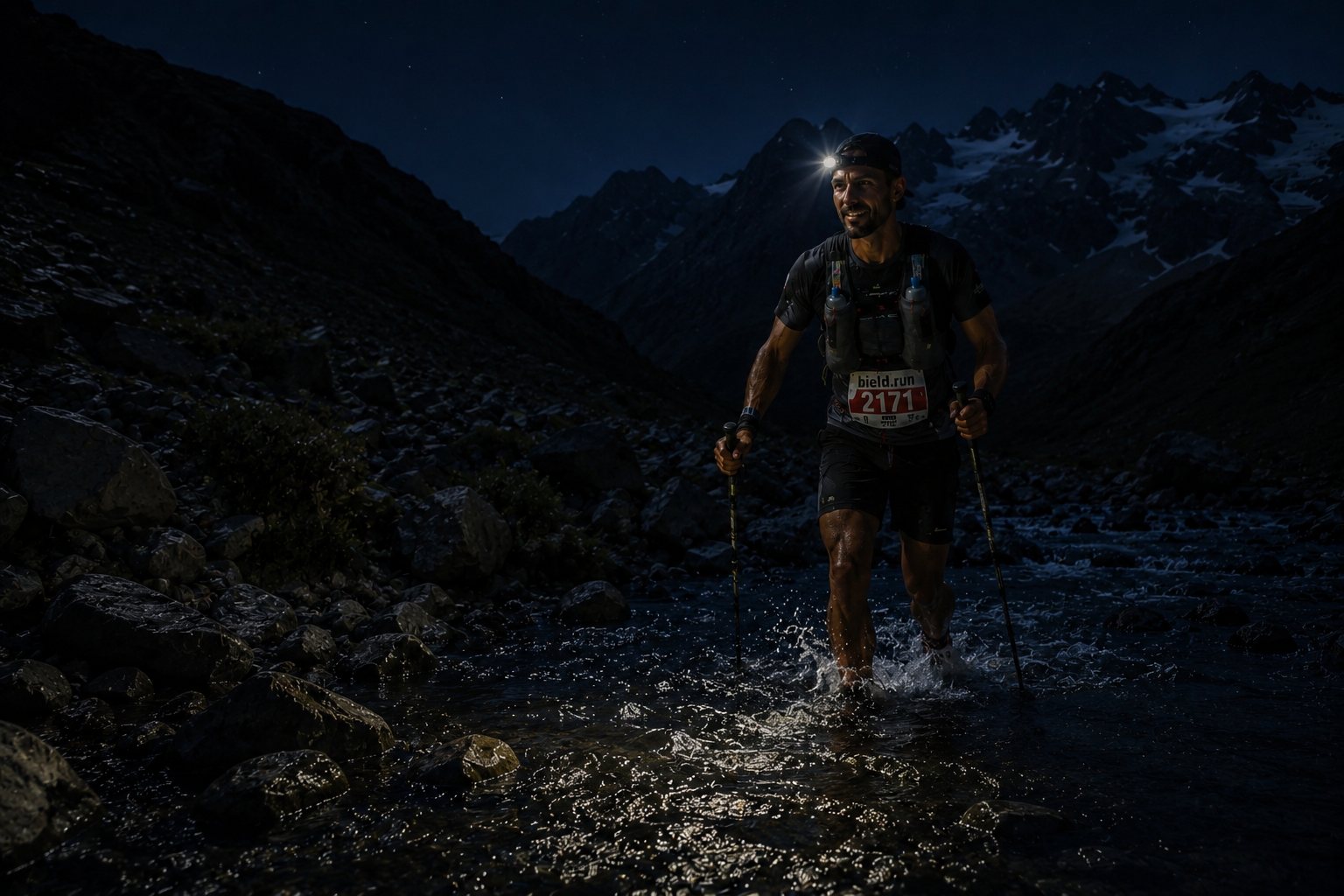 Crew members at an aid station, handing food and water to a runner